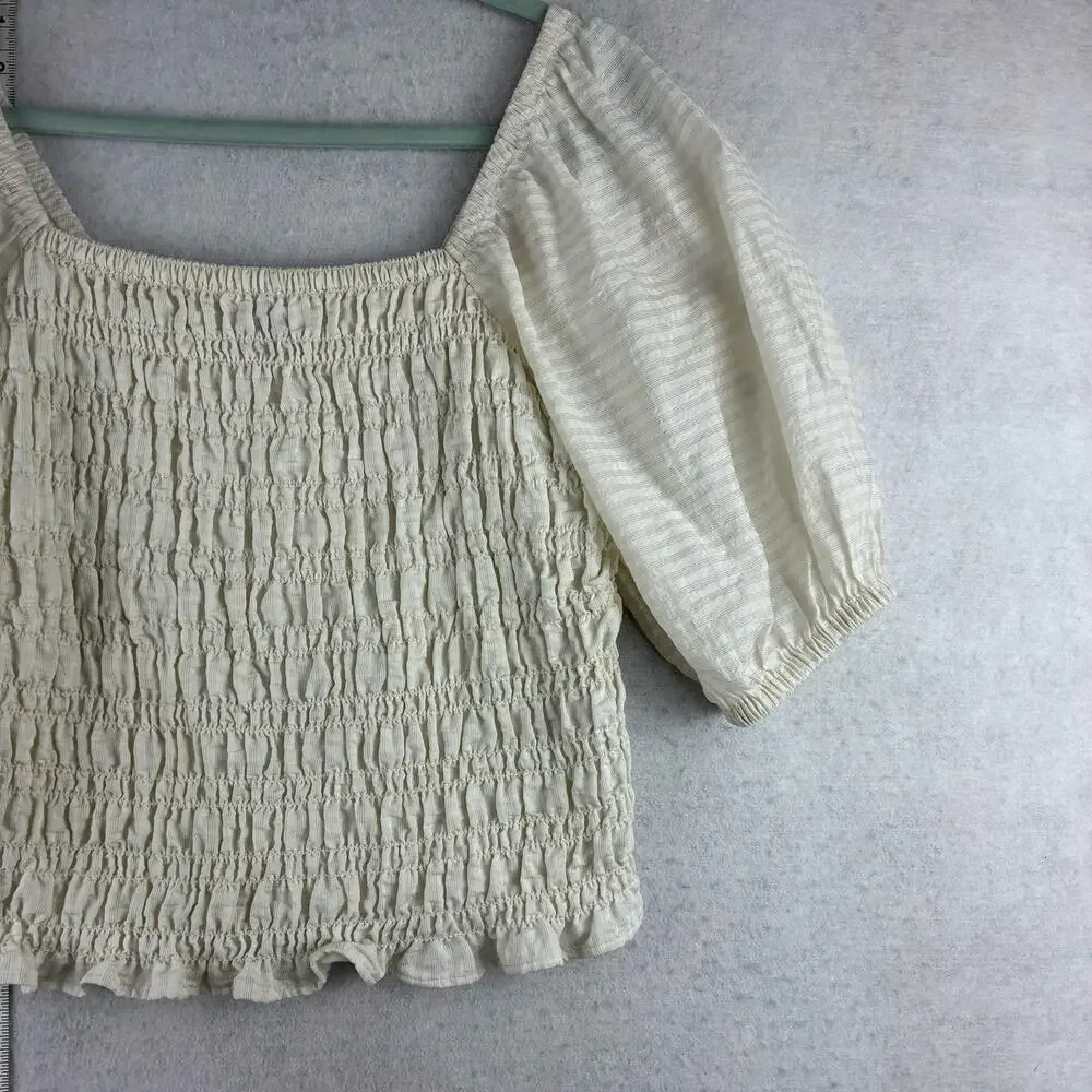 Old Navy All Over Smocking Puff Slv Crop Boho Cottage Blouse Womens Medium Ivory